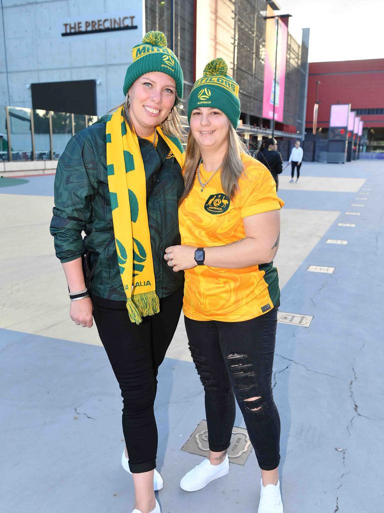 Laura Page and Kimberley Bell ahead of the FIFA Women’s World Cup at Brisbane Stadium. Picture: Patrick Woods