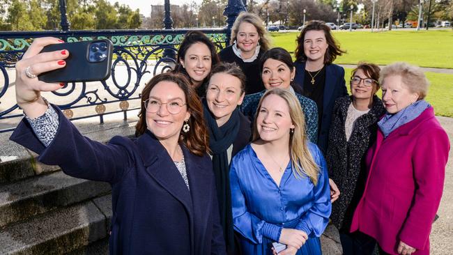 July 8, 2022: South Australian Liberal Party women’ss taskforce members from left: Carolyn Power, Leah Blyth, Nicola Centofanti, Penny Pratt, Jing Lee, Laura Curran, Chelsea Potter, Michelle Lensink and Trish Worth. Picture: Brenton Edwards