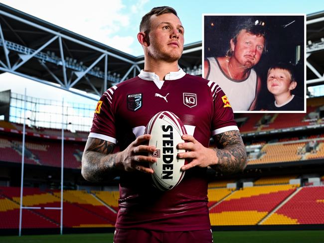 J’maine Hopgood will make his Origin debut. Inset: Hopgood with his late father Dale.