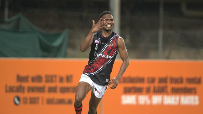 Kim Kantilla celebrates a goal for the Tiwi Bombers against PINT in Round 2 of the 2024-25 NTFL season. Picture: Pema Tamang Pakhrin