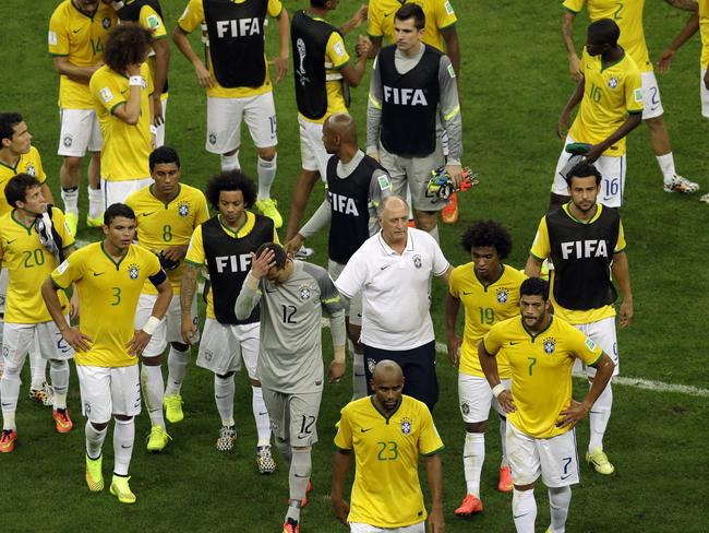 Brazil leave the pitch at the end of their loss to the Netherlands. Picture: Themba Hadebe