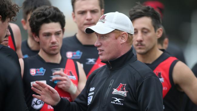 West Adelaide coach Gavin Colville addresses his charges during the loss to the Eagles. Picture: Dean Martin