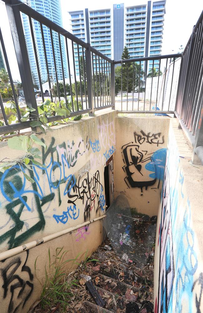 Homeless lair that is an old underground carpark in the basment of an abandoned building on corner of Markwell Ave and Gold coast high way. Picture Mike Batterham