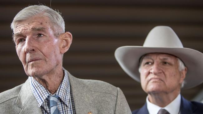 Farmer Charlie Phillott (left) with federal MP Bob Katter outside the royal commission hearing at Brisbane Magistrate Court. Picture: AAP