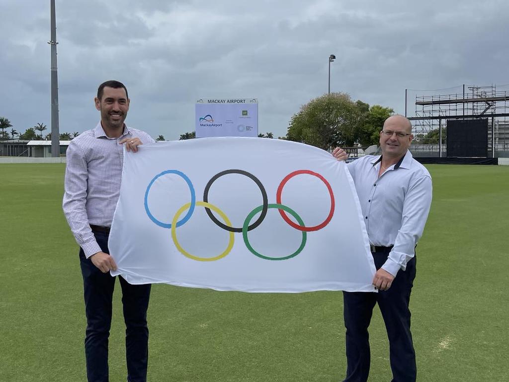 Harrup Park CEO Adrian Young (left) and Mackay Airport head of operations Adrian Miles (right) want to bring the Olympics to Mackay.