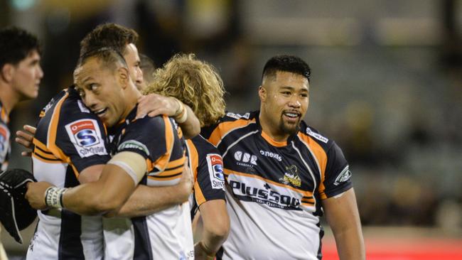 Folau Fainga’a of the Brumbies celebrates a win at GIO Stadium in Canberra.