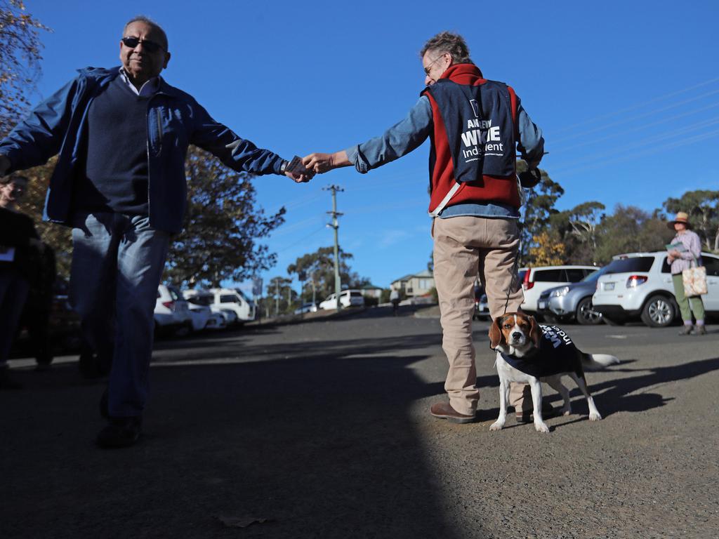 Andrew Wilkie volunteer Tully, 4 with owner Mark Corrigan handing out how to vote cards at Mount Nelson Primary School. Picture: LUKE BOWDEN