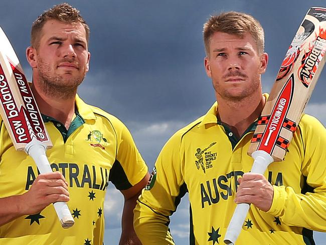 Australia's opening pair Aaron Finch and David Warner on top of Mt. Eden overlooking Auckland ahead of their ICC Cricket World Cup match against New Zealand to be played at Eden Park. pic. Phil Hillyard