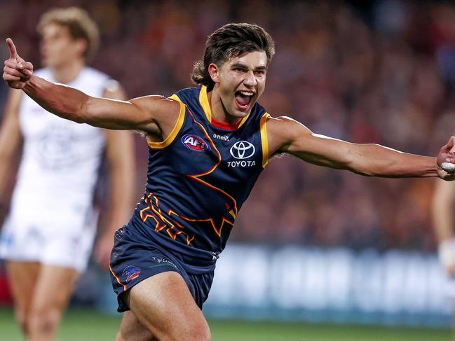 MELBOURNE . 13/04/2023.  AFL . Round 5. Gather Round. Adelaide vs Carlton at the Adelaide Oval.  Josh Rachele of the Crows celebrates a 1st quarter goal  . Pic: Michael Klein