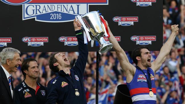 Bob Murphy and Easton Wood celebrate their 2016 Grand Final win. Picture: Wayne Ludbey