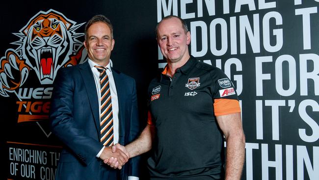 Wests Tigers' CEO Justin Pascoe (left) Michael Maguire in 2018. Picture: AAP/Brendan Esposito