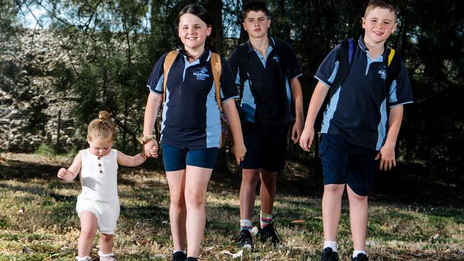 Three of the four Hibberd children – Ellie, 10, Levi, 12, and Bowen, 10 – attend public schools, while baby sister Frankie is yet too young … the children’s dad, Luke, says he’s happy to pay a materials and services charge. Picture: Morgan Sette