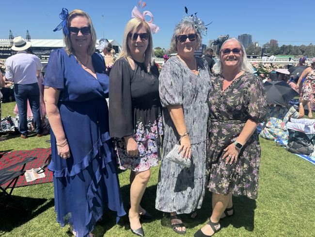 Michele Hardwick, Melissa Wegner, Brenda Weatherall and Deb Allman at the Melbourne Cup at Flemington Racecourse on November 5, 2024. Picture: Phillippa Butt