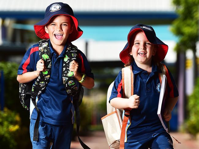 Ryan Catholic College Prep students Myles Catalano, 5, and Isabella Engel, 5, are happy to be at school. Picture: Shae Beplate.