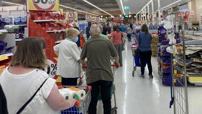 Lines stretching from one side of the store to the other at Wonthaggi Coles.