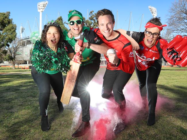 Melbourne Stars and Melbourne Renegades fans outside the MCG [left to right] Sarah Carpinteri, Trent van Hout, Mitchell Gibb and Paula Trotter. .Picture: Alex Coppel