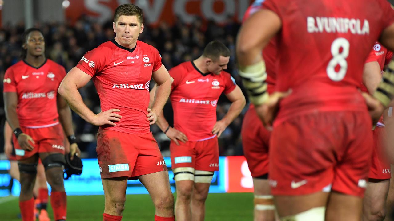 Owen Farrell of Saracens stands dejected following his side’s defeat at Sandy Park.