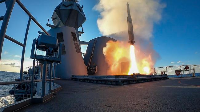 A missile fired from an Australian frigate. Australia needs to upgrade existing vessels because that’s the fastest way to have at least some worthwhile defence. Picture: Royal Australian Navy