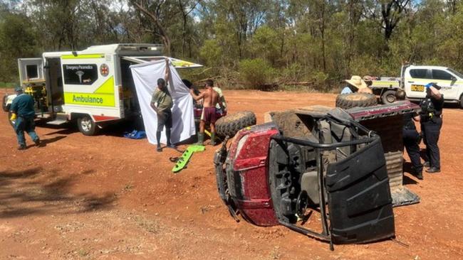 Paramedics and rescue helicopter assessing two patients following a buggy rollover on Apis Creek Road, Duaringa, on December 22, 2023. Picture: RACQ CapRescue