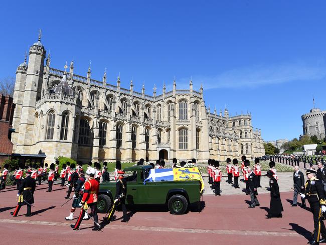 Prince Charles, Prince of Wales and other royal family members walk behind The Duke of Edinburgh’s coffin, at Windsor Castle. Picture: Getty Images