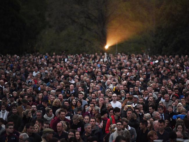 Crowds gather during the Anzac Day Dawn Service at the Shrine of Remembrance in Melbourne. Picture: AAP