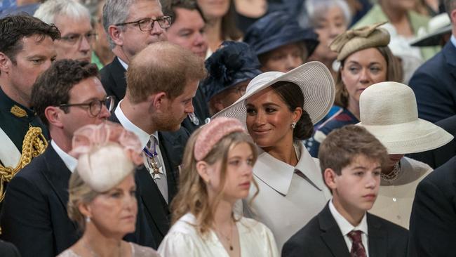 Prince Harry and Meghan Markle were shunted to the second row during the service of thanksgiving for the Queen. Picture: Arthur Edwards – WPA Pool/Getty Images