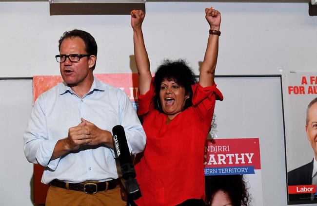 Mr Luke Gosling, with Ms McCarthy, gives his victory speech. Picture: Keri Megelus