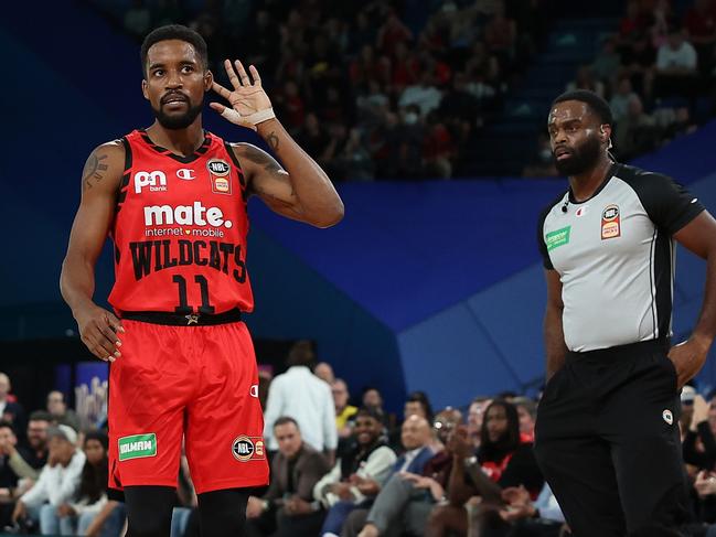 PERTH, AUSTRALIA - SEPTEMBER 20: Bryce Cotton of the Wildcats gestures to the supporters during the round one NBL match between Perth Wildcats and South East Melbourne Phoenix at RAC Arena, on September 20, 2024, in Perth, Australia. (Photo by Paul Kane/Getty Images)