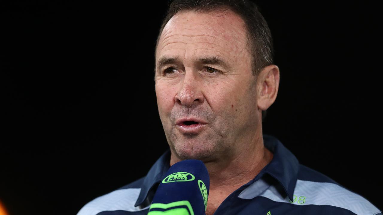 SYDNEY, AUSTRALIA - APRIL 03: Raiders coach Ricky Stuart is interviewed before the round four NRL match between the Gold Coast Titans and the Canberra Raiders at Netstrata Jubilee Stadium, on April 03, 2021, in Sydney, Australia. (Photo by Mark Metcalfe/Getty Images)