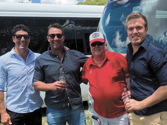 Trent Barrett, Shaun Timmins, Warwick Bulmer and Jake Trbojevic at the Gundagai races on Friday.