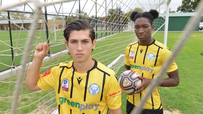 Melad Ahmed (left) scored a hat-trick in Birkalla’s big win on Saturday. Picture: AAP/Brenton Edwards