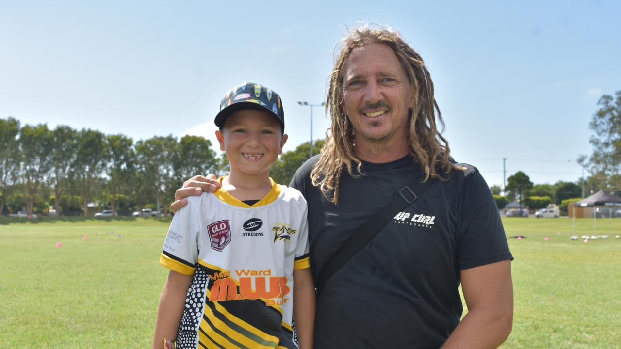 Tye and Dale Stumer at the Play Something Unreal rugby league clinic in Kawana. Picture: Sam Turner