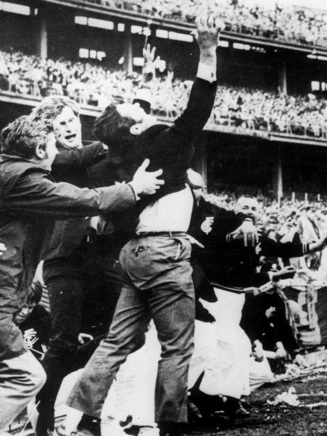 Ron Barassi's jubilation on the final siren of the 1970 Grand Final. Picture: Geoff Bull