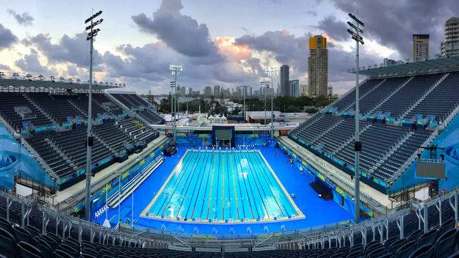 A general view of the Aquatic Centre with the temporary seating installed for the Commonwealth Games. (AAP Image/Dave Hunt)