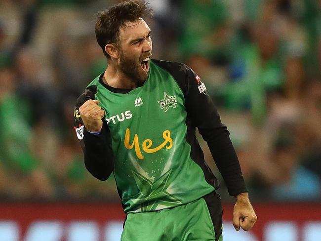 MELBOURNE, AUSTRALIA - JANUARY 27: Glenn Maxwell of the Stars celebrates the wicket of Brendon McCullum of the Brisbane Heat during the Big Bash League match between the Melbourne Stars and the Brisbane Heat at Melbourne Cricket Ground on January 27, 2019 in Melbourne, Australia. (Photo by Robert Cianflone/Getty Images)