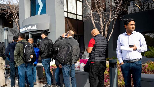 Silicon Valley Bank customers wait in line at SVB’s headquarters in Santa Clara, California. Picture: AFP