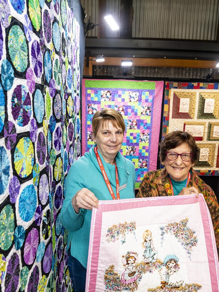 Toowoomba Quilters Club members Dorothy Allison (left)and Fay Suley in the members exhibition at Craft Alive at the Goods Shed, Sunday, May 22, 2022. Picture: Kevin Farmer