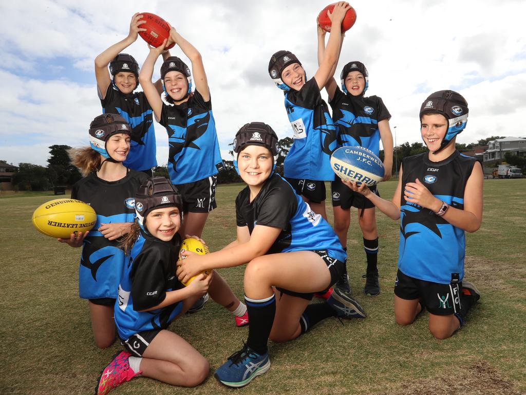 Camberwell Sharks junior footy players are ready for the 2021 season despite all COVID challenges. Picture: Alex Coppel