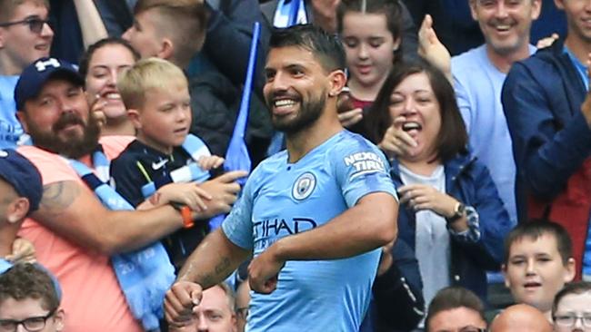 Manchester City's Argentinian striker Sergio Aguero celebrates his hat trick against Huddersfield. Photo: AFP