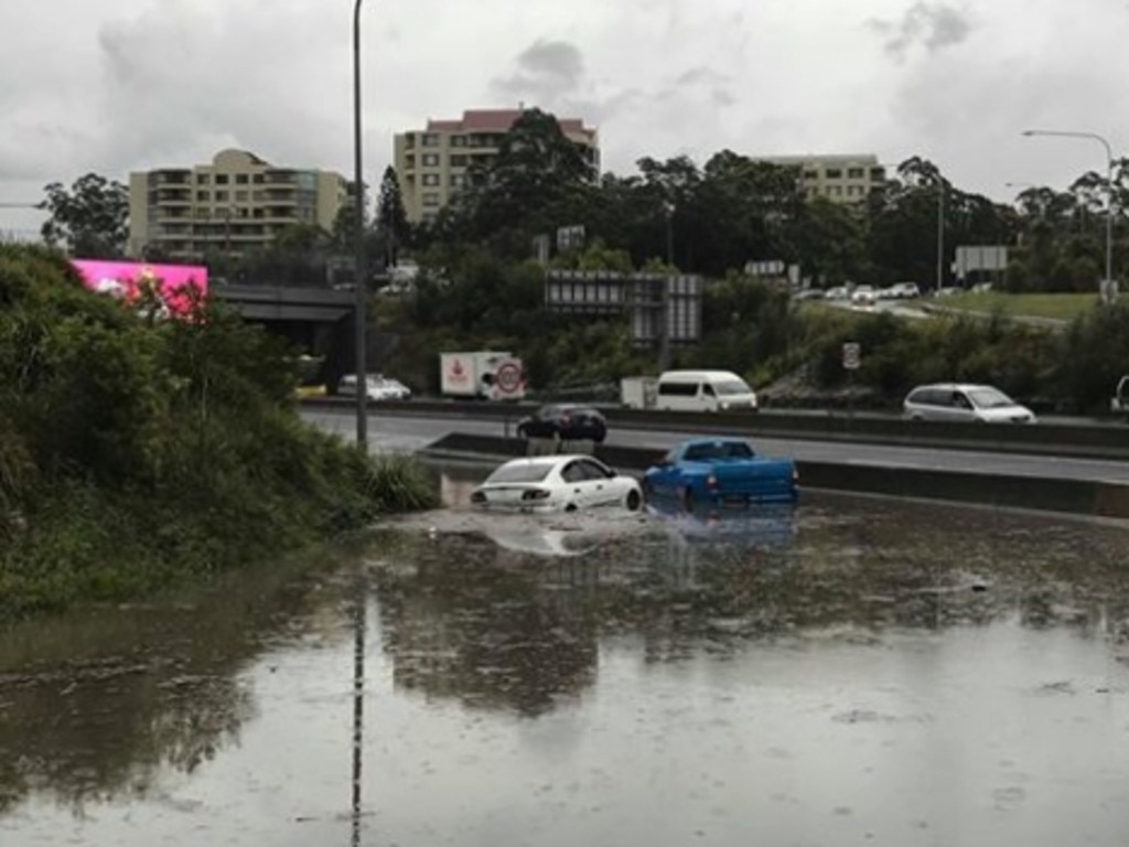 Two cars stuck on the M2 in wild weather. Picture: 9 News Sydney