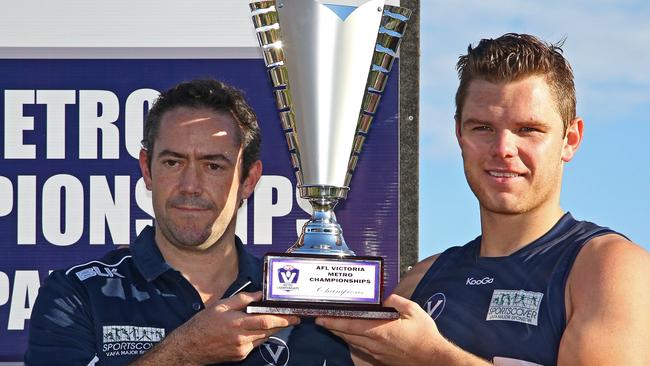 Simon Lethlean (left) after coaching the VAFA to a win over the EFL. Picture: Hamish Blair