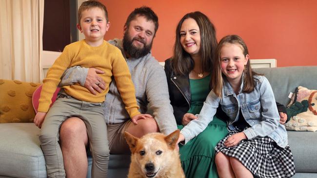 Jodie and Darren Hansen met at Shenanigans nightclub, Marion, they're now married 15 years, and now two children, Havana, 8, and Alex, 6. They also have a heeler, Nala. Picture: Dean Martin.