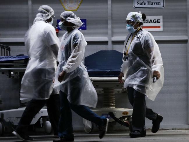 Medical workers outside of a New York hospital. The city has been hard-hit by the coronavirus pandemic. Picture: Getty Images/AFP