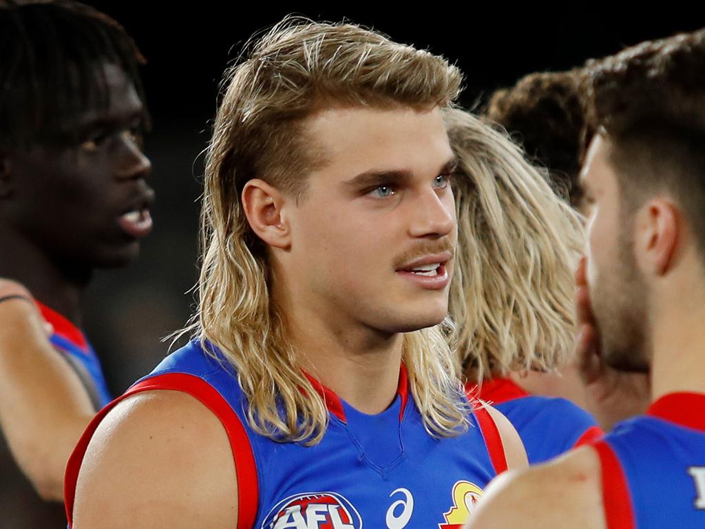 MELBOURNE, AUSTRALIA - JUNE 03: Bailey Smith of the Bulldogs looks dejected after a loss to the Geelong Cats (Photo by Dylan Burns/AFL Photos via Getty Images)