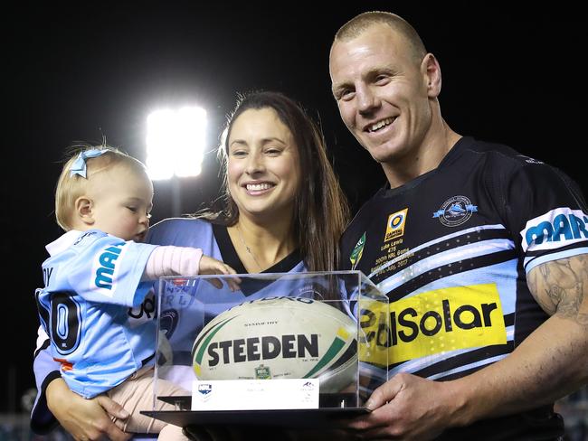 SYDNEY, AUSTRALIA - JULY 21:  Luke Lewis of the Sharks celebrates after his 300th NRL match during the round 20 NRL match between the Cronulla Sharks and the South Sydney Rabbitohs at Southern Cross Group Stadium on July 21, 2017 in Sydney, Australia.  (Photo by Ryan Pierse/Getty Images)