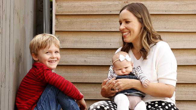 Bondi mum Catherine Nantel with her son William, 5, and 3-month-old baby Matilda is one of many Australian women missing out on future retirement income because the government does not pay superannuation on paid parental leave. Picture: Jonathan Ng