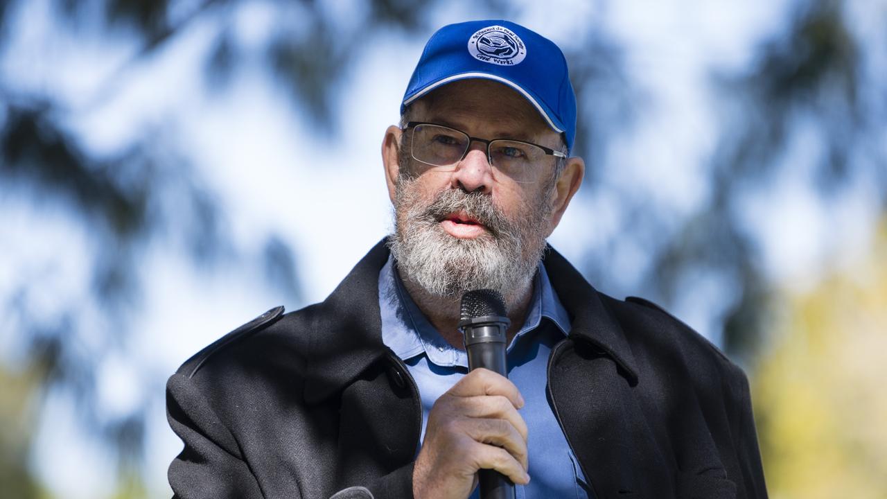 Peter Cavanagh of St Vincent de Paul Society thanks the riders for their donations from the Huggie Bear Memorial Toowoomba Blanket Run organised by Downs Motorcycle Sporting Club. Picture: Kevin Farmer