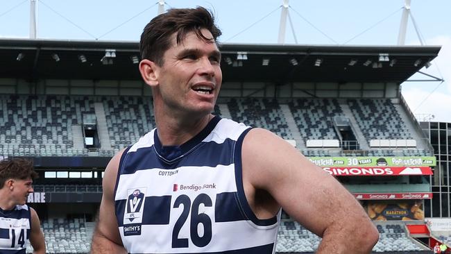 GEELONG, AUSTRALIA - SEPTEMBER 07: Tom Hawkins of the Cats after the 2024 VFL First Semi Final match between the Geelong Cats and Southport Sharks at GMHBA Stadium on September 07, 2024 in Geelong, Australia. (Photo by Rob Lawson/AFL Photos via Getty Images)