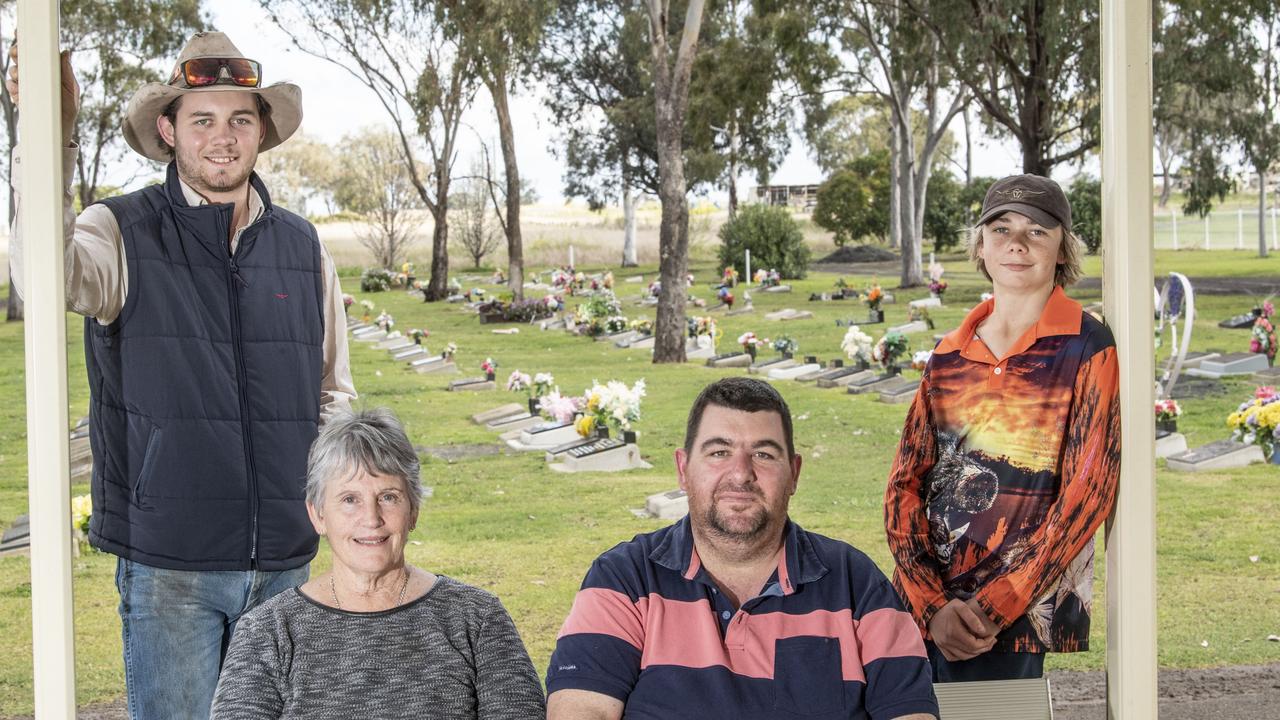 (from left) Matt Wilson, Anne Thompson, Andrew Wilson and Ben Wilson. Families are concerned with TRC rules on presentation of graves at Pittsworth Cemetery. Picture: Nev Madsen