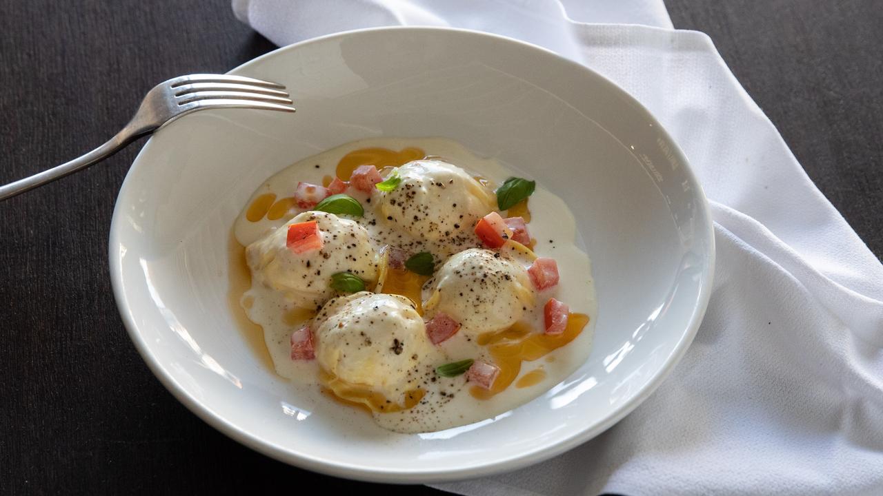 Prawn ravioli with buttermilk and prawn oil at Piatto. Picture: David Kelly